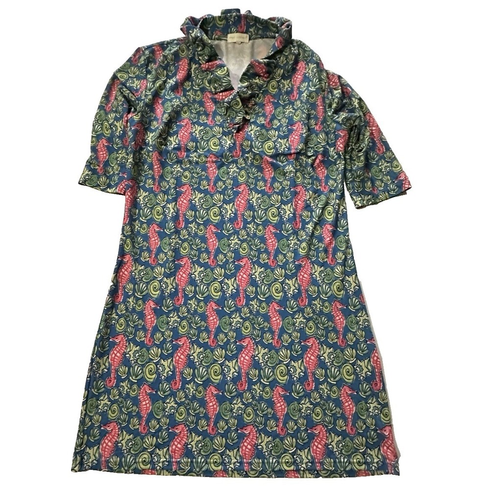 Simply Southern Seahorse Print Knee Length Dress Womens Blue Pink Coastal Beach